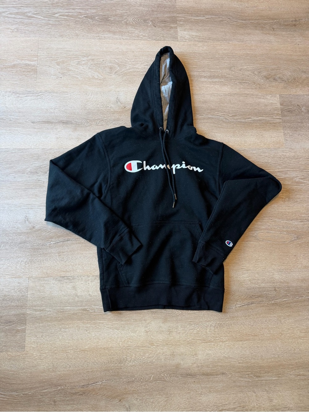 Champion Black Hoodie with White & Red Script Logo